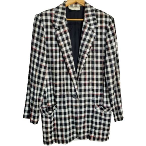 Vintage Fundamental Things Blazer Womens Size 12 Knit Black Plaid 80s Preppy - Picture 1 of 12